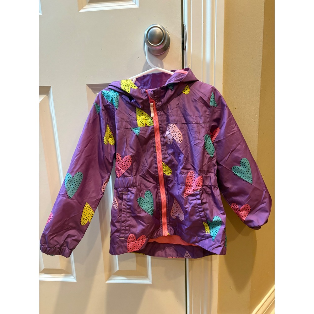 Cat & Jack Girls Purple Heart Print Hooded Windbreaker Jacket 5T